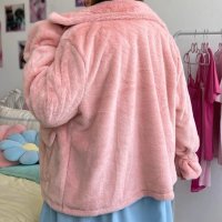 Макси луксозно модерно пухено горнище с джобове, цип и тънка подплата в нежно розово, снимка 2 - Блузи с дълъг ръкав и пуловери - 38867599