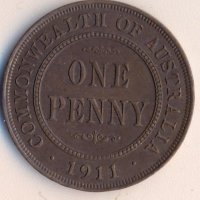 Австралия 1 пени 1911 година, рядка в качество, отлична монета, снимка 1 - Нумизматика и бонистика - 32424463