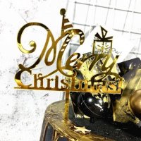 Merry Christmas с подарък златен твърд акрил топер Коледен за торта украса декор, снимка 1 - Други - 28094943