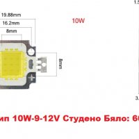 LED COB чип 10W-9-12V Студено Бяло: 6000-6500K, снимка 2 - Крушки - 28161652