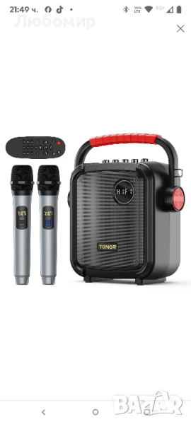 Tonor Караоке Пълен Bluetooth високоговорител с 2 безжични микрофона за пеене, караоке

, снимка 1