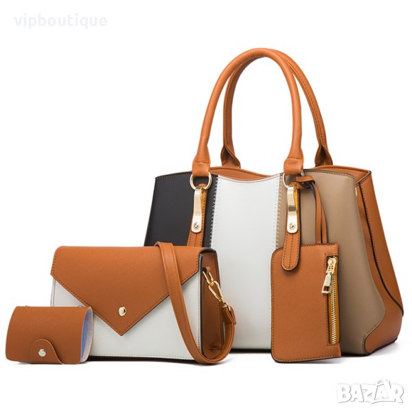 Шарена трицветна кожена дамска чанта комплект, снимка 1