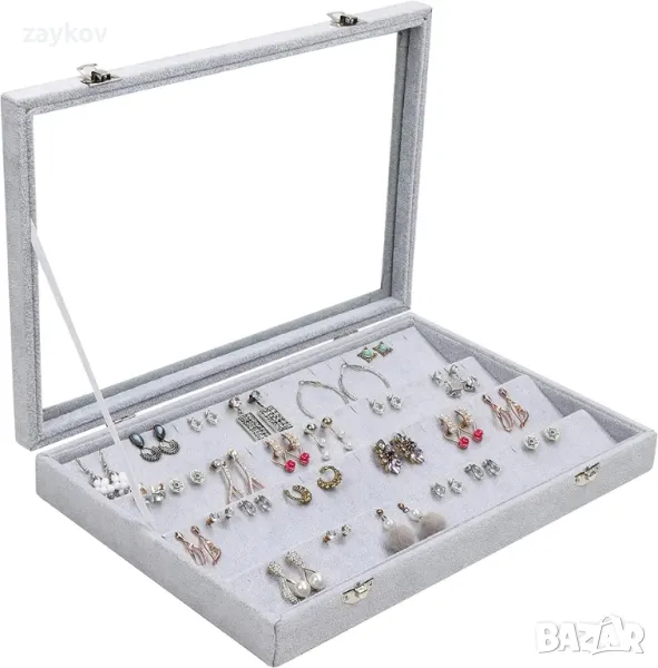 BELLE VOUS Сива кадифена кутия за витрина за обеци с 40 слота и капак - 4 нива, снимка 1