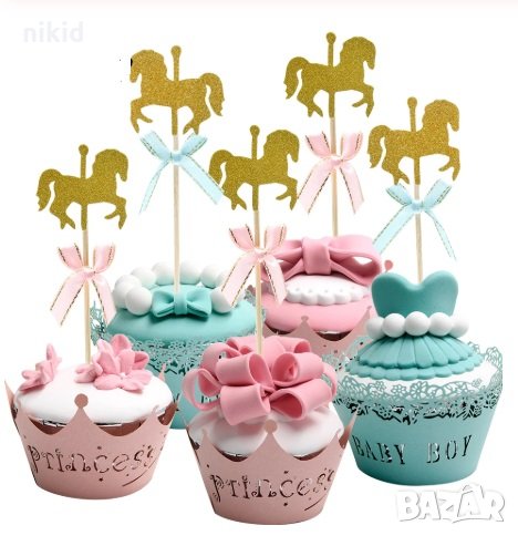 5 бр конче с панделка златен брокат топери клечки украса за кексчета мъфини парти рожден ден , снимка 1