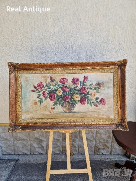 Натюрморт голям антикварен масло платно автор рамка , снимка 1