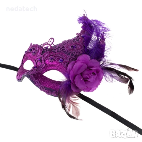 Дамска карнавална маска, лилава, с дантела, брокат и пера, снимка 2 - Други - 52164550