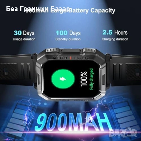 Нов Blackview Military Smart Watch – Смарт часовник с обаждания, 900mAh батерия, фенер, компас, SpO2, снимка 2 - Смарт гривни - 53096041