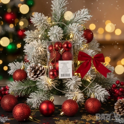 Комплект коледни топки 2 см – сребърни (8 бр.) и червени (16 бр.), снимка 2 - Други стоки за дома - 52086895