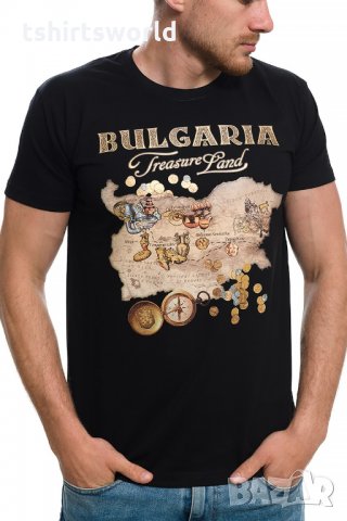 Нова мъжка черна тениска с трансферен печат България - Treasure Land (Земя на съкровищата)