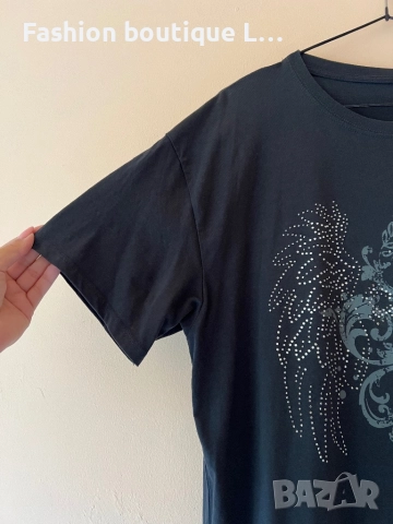 Сива дамска тениска с блестящи сребърни камъчета 100% памук L размер с кръст и крила 🩶🩶🩶, снимка 4 - Тениски - 51796716