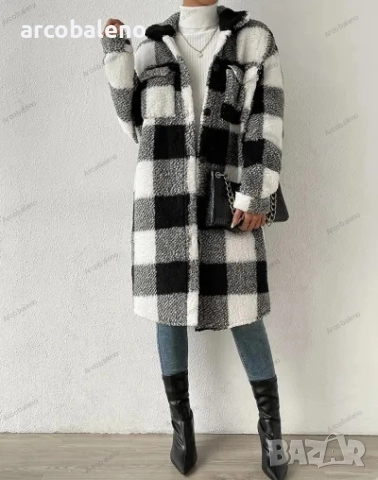 Дамско есенно-зимно палто с отворени копчета и плюшен кариран плат, 4цвята , снимка 6 - Палта, манта - 47851255
