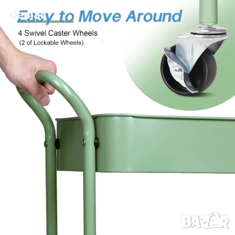 MISSLO Количка за съхранение, 3 нива, подвижна с колела и дръжка, под бюро, 69 см, зелена, снимка 4 - Други стоки за дома - 52722134