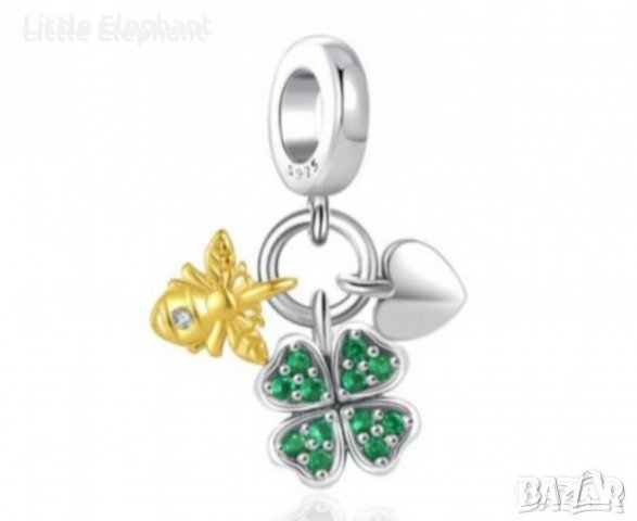 Сребърен висящ елемент Пандора,bee,clover and heart,triple/нов, снимка 1