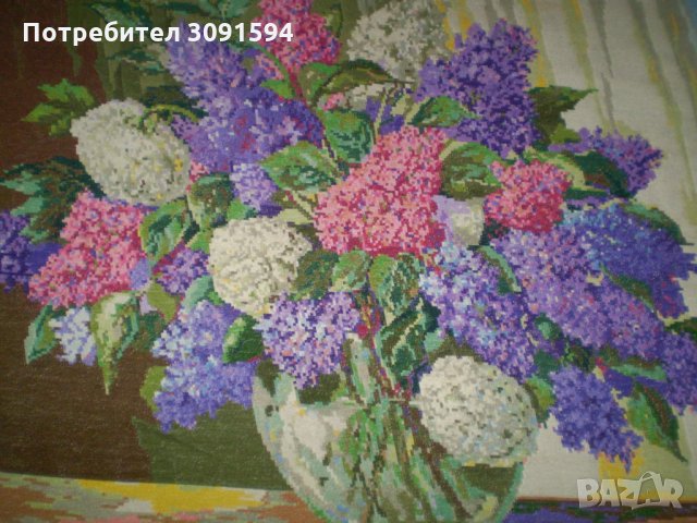 Голям ръчно ушит-бродиран гоблен ваза със цветя, снимка 3 - Гоблени - 35234000