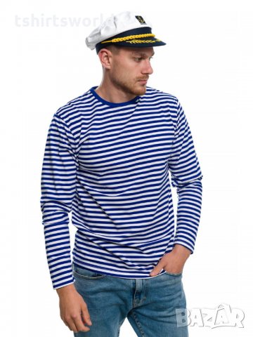 Нов мъжки моряшки комплект: моряшка блуза с дълъг ръкав и капитанска шапка, снимка 8 - Блузи - 32771009