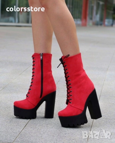 Боти на ток - червен велур с черно ходило - 592