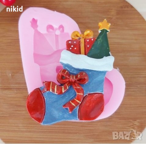 Голям коледен чорап с подаръци силиконов молд форма фондан гипс шоколад