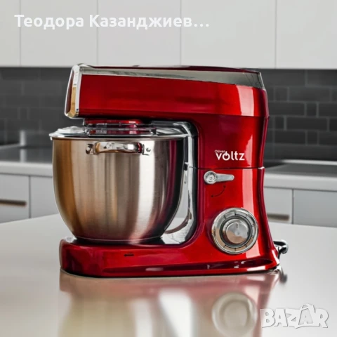 Планетарен миксер с купа от инокс Voltz, 2100W, 7.5 литра, 3 бъркалки, 6 степени + Pulse, LED