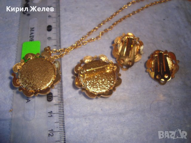 ПОЗЛАТЕНИ КОЛИЕ ОБЕЦИ БРОШКА БРОНЗ с ЮВЕЛИРНО ШЛИФОВАНО КОТЕШКО ОКО АРТ ДЕКО ПРЕКРАСНИ БИЖУТА 27967, снимка 7 - Бижутерийни комплекти - 37115412