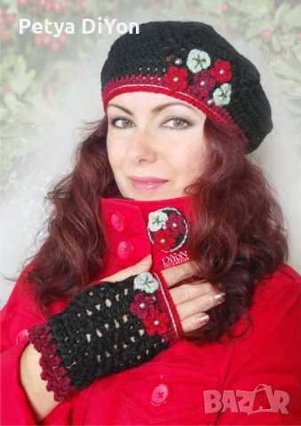 Ръчно плетена дамска шапка тип барета в червено и черно, снимка 2 - Шапки - 39532534