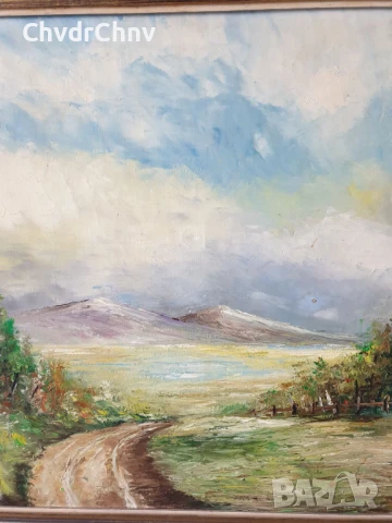 Herman 108х69см/стара голяма картина масло върху платно/пейзаж/къща-път-гора/дървена рамка, снимка 3 - Картини - 50703245