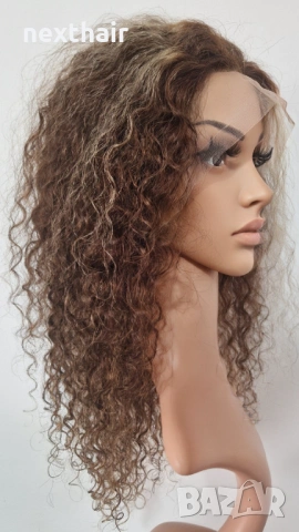 Естествена афро къдрава перука от 100% човешка коса - кафява с руси кичури, 13x4 дантела, снимка 6 - Аксесоари за коса - 53294300