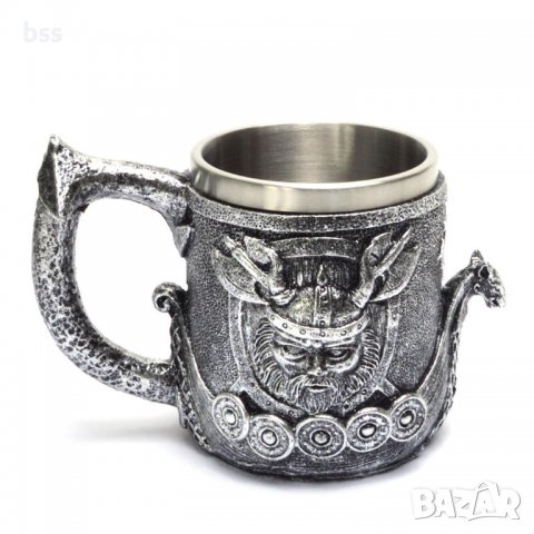 Код 95612 Стилна чаша от полирезин и метал с релефни декорации - герой с шлем и рога, снимка 3 - Чаши - 37034196