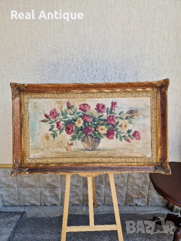 Натюрморт голям антикварен масло платно автор рамка 