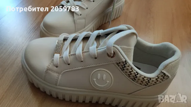 Бежови дамски спортни кецове от еко кожа с връзки , снимка 3 - Маратонки - 48704958