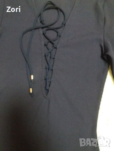 Тъмносиня рокля по тялото с дълбоко деколте с връзки от еластичен плат рипс ХС размер , снимка 3 - Рокли - 43634065