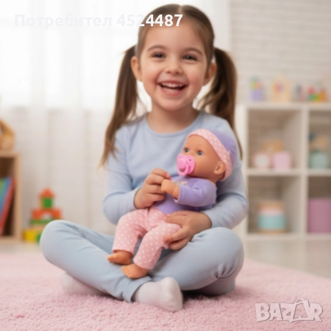 Легнало бебе с биберон и 10 звука – нежна коледна играчка за грижа и обич Babylove