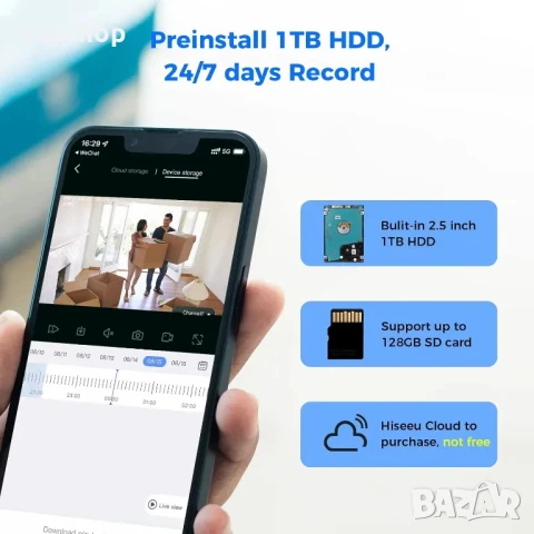 Нова, тествана система за видеонаблюдение Hiseeu 4бр. 5MP PTZ камери, 10'' монитор, 10CH NVR с 1TB.., снимка 6 - Комплекти за видеонаблюдение - 50502572