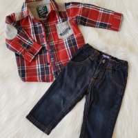 Карирана риза и дънки за момче 6-9 месеца, снимка 1 - Бебешки дънки - 26658634