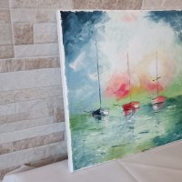 Картина "Лодки" - маслени бои на платно - 30/30см, снимка 2 - Картини - 39435708