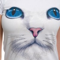 Страхотна нова дамска бяла тениска с 3D принт Котка със сини очи, снимка 6 - Тениски - 29126635