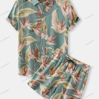 Мъжки моден летен комплект риза с щампа с къс ръкав и къси бермуди - 023, снимка 1 - Спортни дрехи, екипи - 40406375