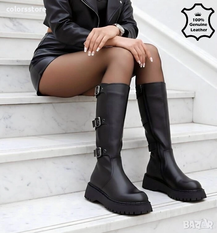 Равни ботуши - черна ЕСТЕСТВЕНА кожа - 6019 , снимка 1