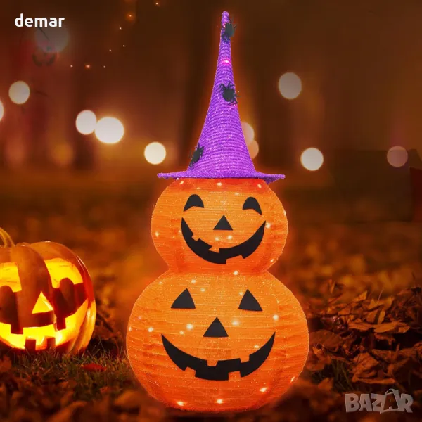 Тиквени светлини за Хелоуин, LED, на батерии, с шапка на вещица, сгъваеми (92 см височина), снимка 1