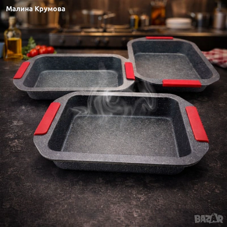 Комплект 3 тави за печене Cheffinger с мраморно покритие и силиконови дръжки – здрави, удобни и спес, снимка 1