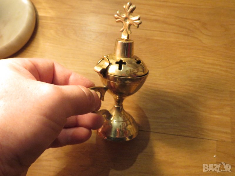 Старинно солидно бронзово кадило кръстове, тамянник 14 см, религия 21 г, Царство България църква, снимка 1