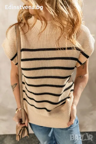 Дамски пуловер в бежово с къс ръкав, снимка 1