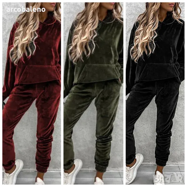 Дамски едноцветен спортен кадифен костюм с качулка, 3цвята , снимка 1