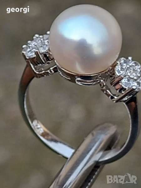 Дамски сребърен пръстен с естествена перла и цирконии, снимка 1