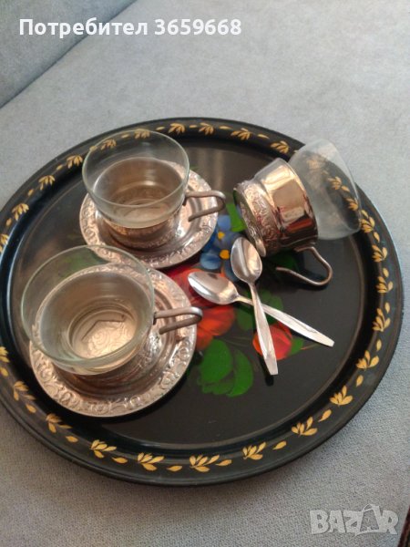Подстакани,лъжички и поднос, снимка 1