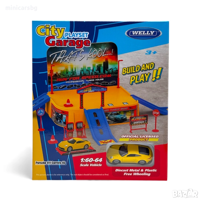 Гараж с паркинг и рампи City Playset Garage + метална количка Porsche 911 Carrera 4S Welly, снимка 1