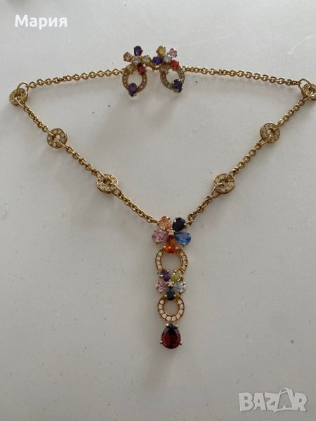 Булгари/Bvlgari! Позлатен сребърен 925 комплект от колие и обици с кристали, снимка 1