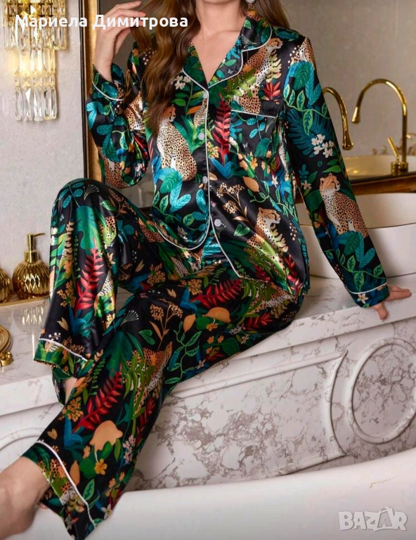 ДАМСКА ПИЖАМА ОТ САТЕН С ЕКЗОТИЧЕН ПРИНТ, снимка 1