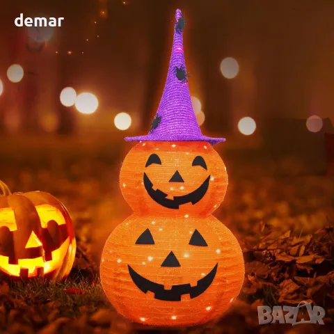 Тиквени светлини за Хелоуин, LED, на батерии, с шапка на вещица, сгъваеми (92 см височина)