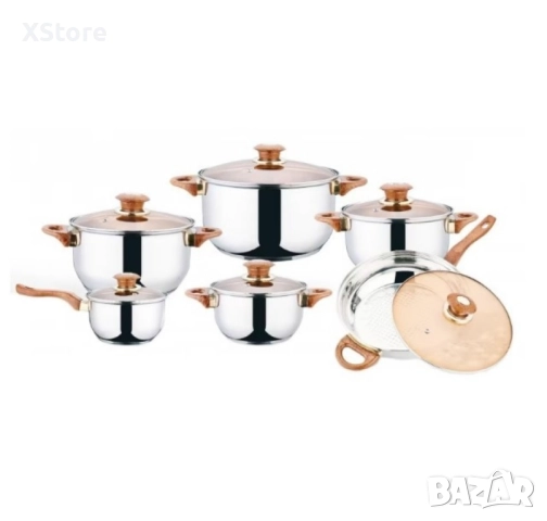 Комплект от 12 части съдове за готвене от неръждаема стомана със стъклени капаци, снимка 7 - Съдове за готвене - 52497097