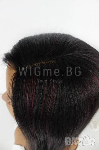 Черна перука от ЕСТЕСТВЕН косъм с тъмночервени кичури Селена, снимка 6 - Аксесоари за коса - 37787339